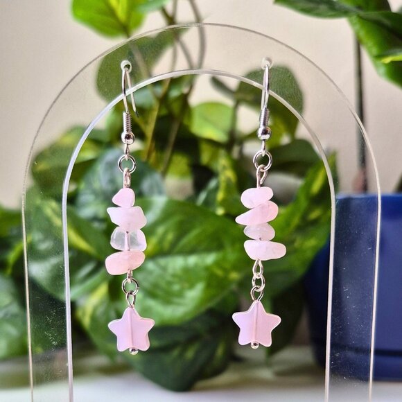 Rose Quartz Crystal Dangle Earrings - Picture 4 of 6